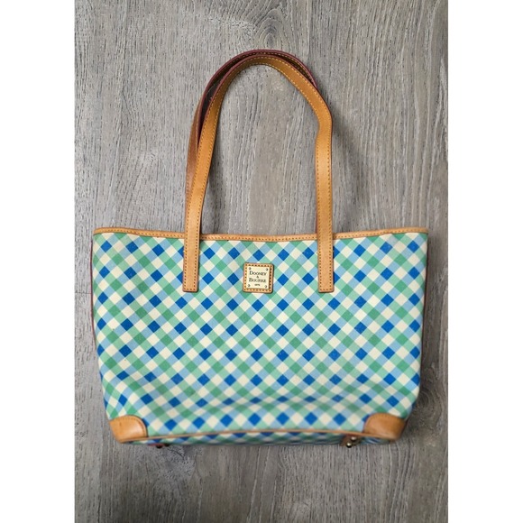 Dooney & Bourke Green Blue Gingham Checkbook Tote Bag Leather Trim - Picture 1 of 9